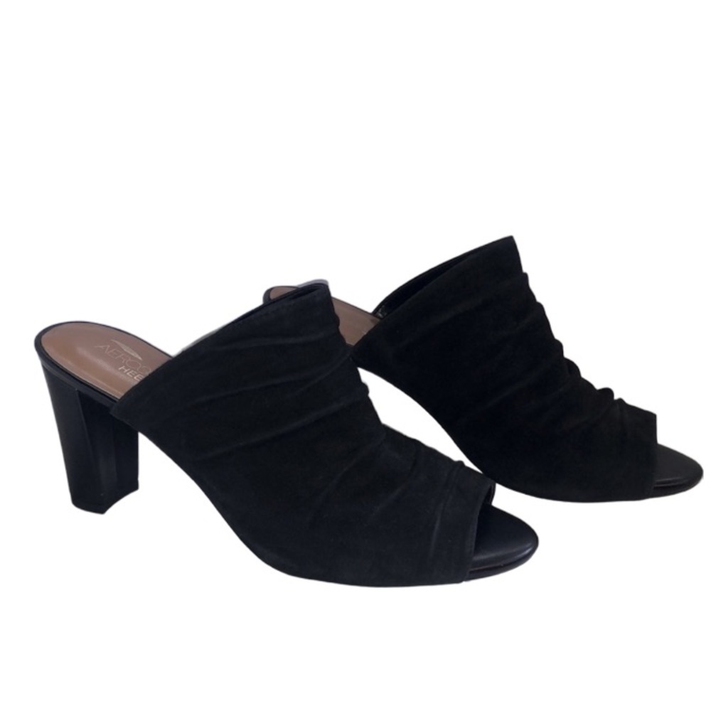 AEROSOLES HEELREST BLACK PEEP-TOE MULES US 8.5 SUEDE LOOK
